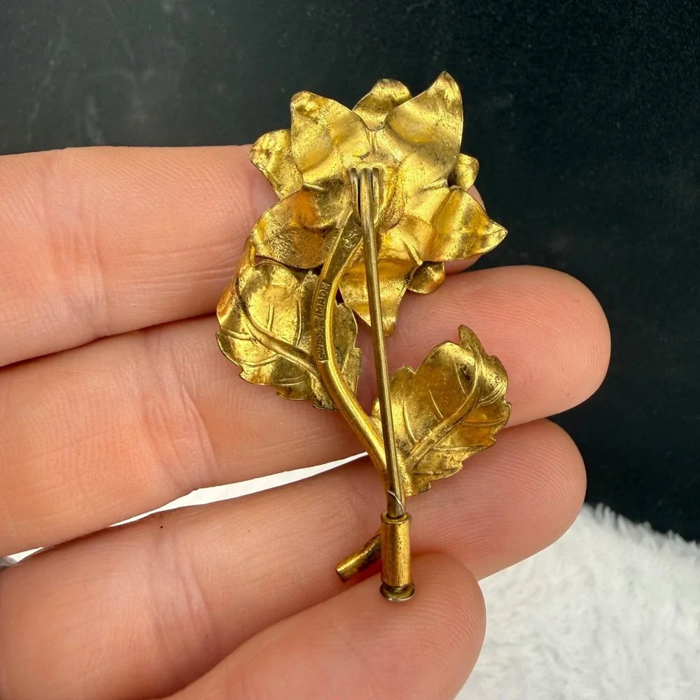 Vintage Swiss Made Flower Brooch Gold Blue Rhinestone Floral Pin Women